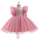 Kid Baby Girl Princess Flying Sleeve Mesh Lace Stitching Bow Dresses