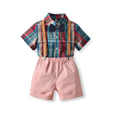 Kid Baby Boys Short Sleeved Plaid Backstrap Shorts 4 Pcs Sets