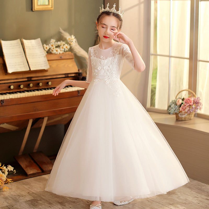Kid Girl Banquet Long Sleeve Fluffy Yarn White Wedding Princess Dresses