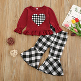 Baby Kid Girl Suit Valentine's Day Plaid Heart Top Bell Bottoms 2 Pcs Sets