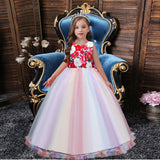 Kid Girl Long Floor-length Rose Print Mesh Pompous Dresses