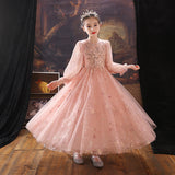 Kid Girls Pink Heavy Lace Long Poncho Princess Dresses