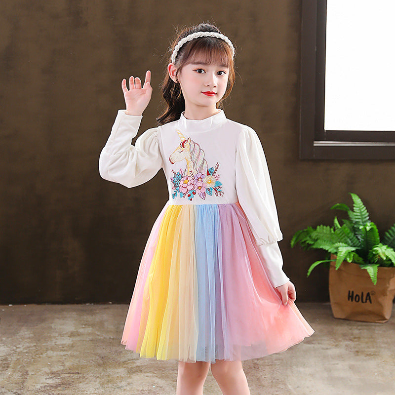 Autumn Winter Long Sleeve Kid Baby Girls Unicorn Rainbow Mesh Dress