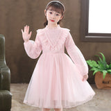 Kid Baby Girl Pearl Lace Gauze Princess Long Sleeve Dresses