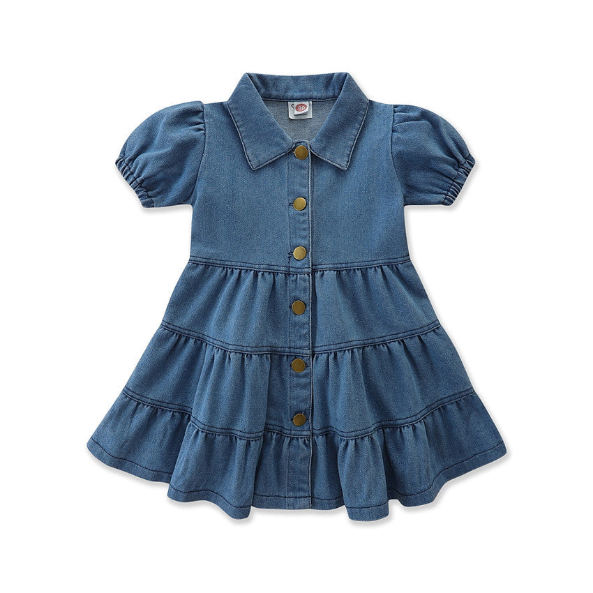 Kid Baby Girls Casual Denim Lapel Short Sleeve Buttons Flared Hem Dresses