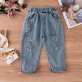 Kid Baby Girl Suit Shoulder Flounces Ripped Jeans 2 Pcs Sets