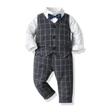 Kid Baby Boy Suit Korean Plaid Long Sleeve British 3 Pcs Sets