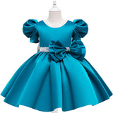 Kid Girl Princess Bubble Sleeve Bow Dress