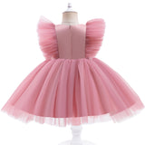 Kid Baby Girl Princess Flying Sleeve Mesh Lace Stitching Bow Dresses