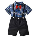 Kid Baby Boy Suit Plaid Short Sleeve Suspenders Formal 2 Pcs Sets