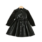 Autumn Kid Girls Lace Splice Bowknot Belt PU Leather Coats