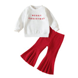 Kid Baby Girl Christmas Long Sleeve Letter Stripe Flare 2 Pcs Suits Sets