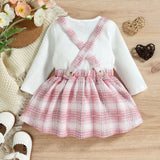 Kid Baby Girls Princess Long Sleeve Bow Plaid Suspender 2 Pcs Sets