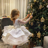 Kid Girls Sequin Princess Bow Long Sleeve Birthday Dress