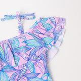 Kid Girl Purple One-piece Leaf Ruffle Shoulder Swimsuit