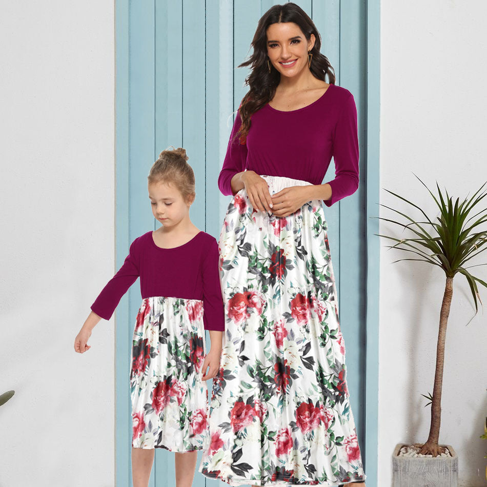 Family Matching Mother Daughter Printed Stitching Dress