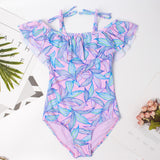 Kid Girl Purple One-piece Leaf Ruffle Shoulder Swimsuit