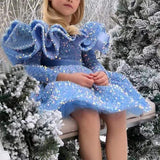 Kid Baby Girl Sequined Performances Spring Blue Short Birthday Princess Dresses