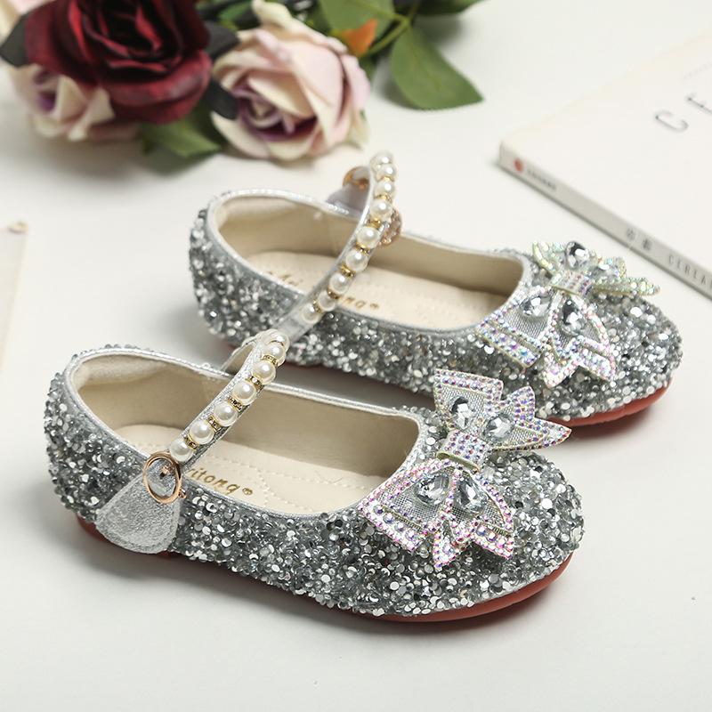 Girl's Small Leather Shoes with Crystal Bow and Sequined Children's Shoes