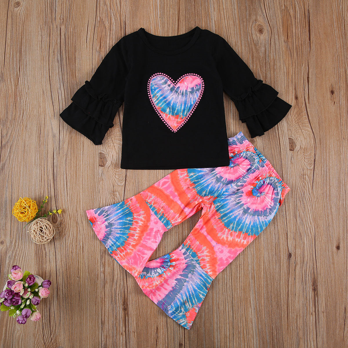 Baby Girl Valentine's Day Love Embroidered Long-sleeve Tie-dye 2 Pcs Set