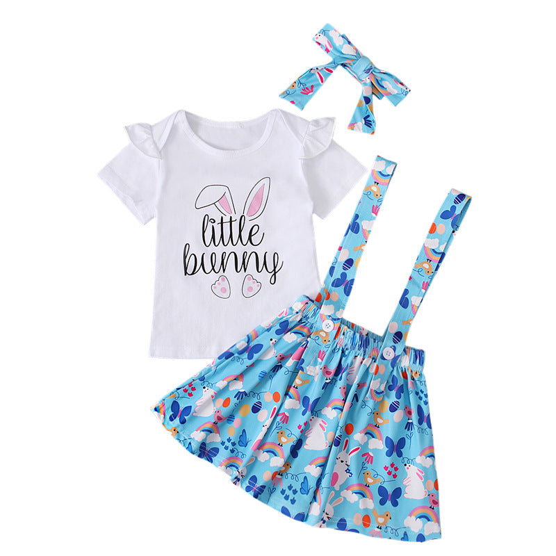 Kid Baby Girls Suit Summer Easter Letter Rabbit Print Strap 3 Pcs Set