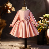 Kid Baby Girl Pink Princess Long Sleeve Satin Piano Birthday Dress
