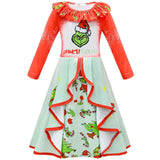 Kid Girls Long-sleeved Christmas Thief Green Sulley Grinch Dresses