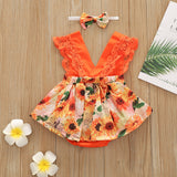 Baby Girl Lace Lace Fly-sleeve Sunflower Print Rompers