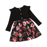 Spring New Girl Black Long Sleeve Pit Strip Stitched Flower Velvet Dress 1-6Y