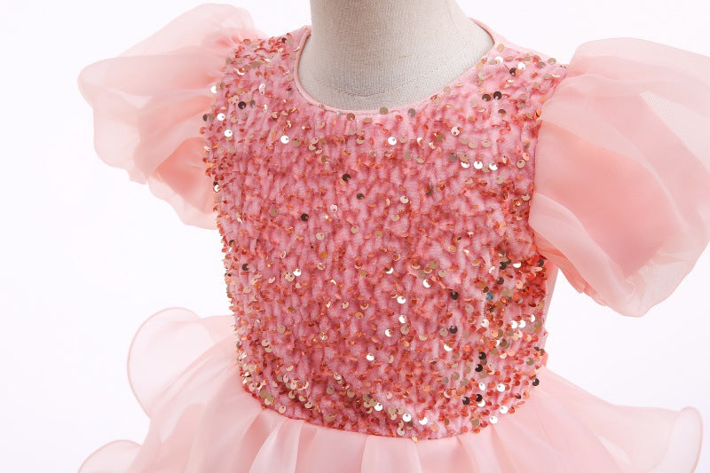 Kid Baby Girl Princess Bubble Sleeve Sequins Pompous Gauze Cake Dresses