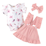 Baby Girl Flower Printed Short Sleeve Strap 3 Pcs Sets