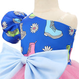 Kid Baby Girl Oblique Print Splicing Bow Mesh Gauze Dresses