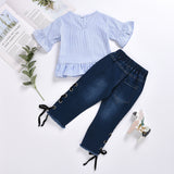 Kid Baby Girl Suit Stripe Lace Flared Sleeve Ripped Jeans 2 Pcs Sets