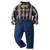 Spring Autumn Plaid Suspenders Suits Boy Academy Gentleman Sets 2 Pcs