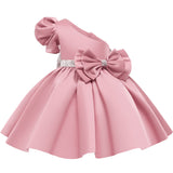 Kid Baby Girl Dress Slant Shoulder Bubble Sleeve Double Bow Princess Dresses