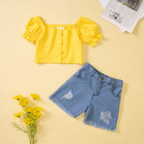 Kid Baby Girl Luxury Printed Solid Jeans 2 Pcs Set