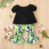 Little Baby Girl Bubble Sleeve Suit Summer Four-leaf Printed Bell 2 Pcs Set
