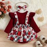 Baby Girl Long Sleeve Red Printing Fake 3 Pcs Sets