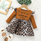 Baby Girl Letter Long Sleeve Leopard Pit Dresses