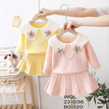 Kid Baby Girl Pearl Flower Pleated Sweater Suit 2 Pcs Sets