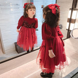 Kid Baby Girl Winter Red Paneled Fake Bow Princess Dress