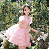 Kid Girl Summer Fairy Pink Puff Bubble Sleeve Princess Dresses