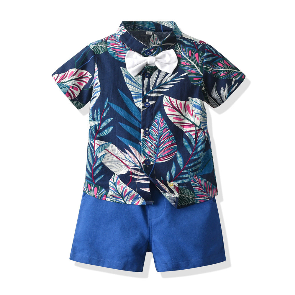 Kid Baby Boys Suit Printed Stand Collar Short Sleeve Summer 2 Pcs Sets