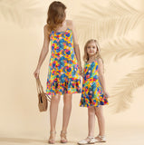 Family Matching Mother-daughter Halter Holiday Beach Print Dresses