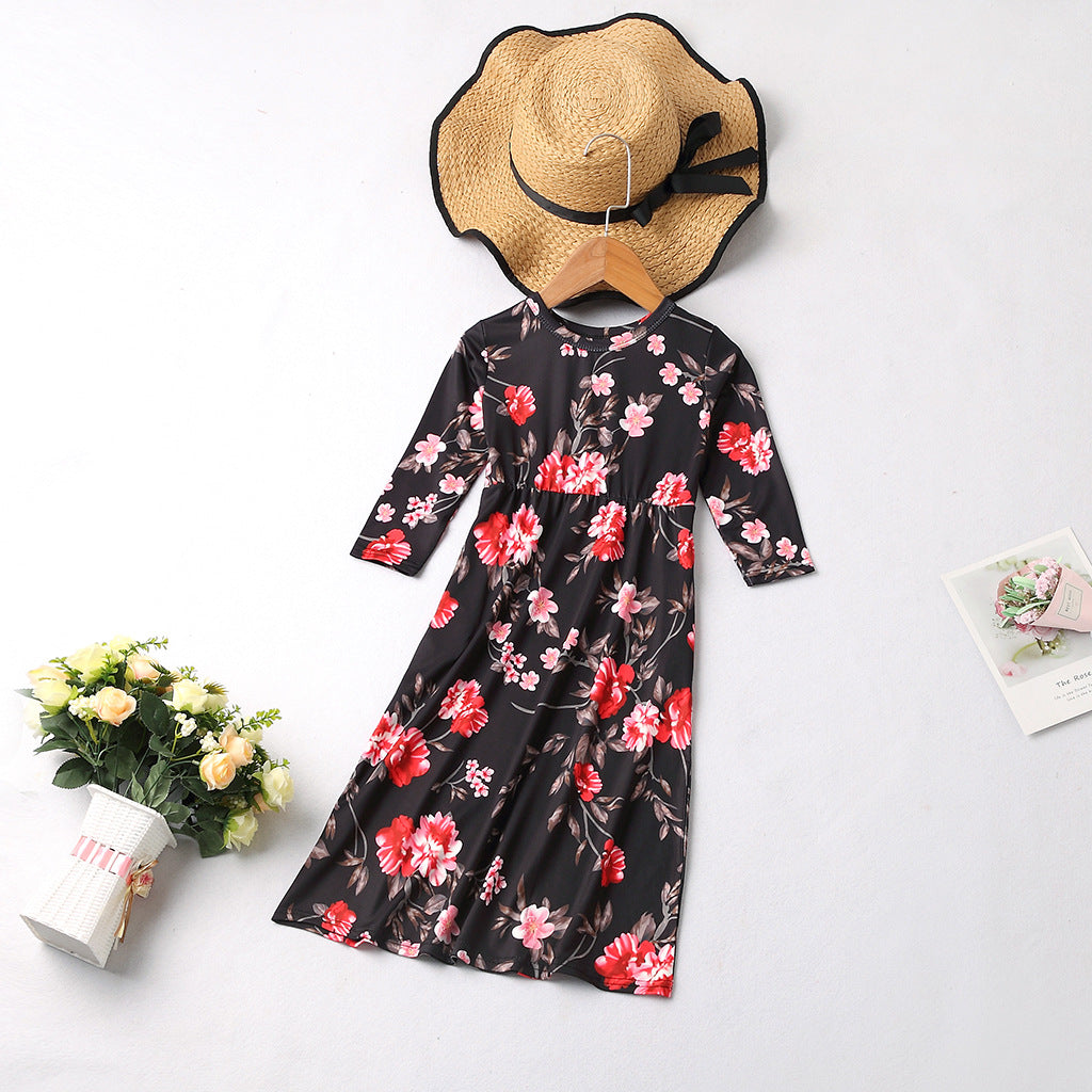 Family Matching Mother Daughter Long Sleeve Flower Print Dresses