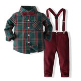 Kid Baby Boys Gentleman Autumn Suit Long Sleeve Plaid Suspenders 3 Pcs Sets