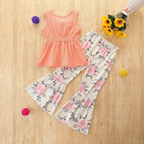 Spring Summer Kids Baby Girl Sleeveless Casual Flared Flower 2 Pcs Set