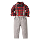 Kid Baby Boy Suit Long Sleeve Cotton Plaid Suspenders Formal 2 Pcs Sets