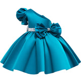 Kid Baby Girl Dress Slant Shoulder Bubble Sleeve Double Bow Princess Dresses