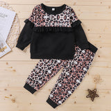 Kid Baby Girl Round Neck Long Sleeve Leopard Spring Autumn 2 Pcs Sets